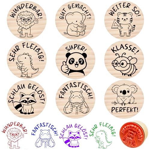9 Stück Holz Stempel Lehrer Motivations stempel Tiere Motivstempel Set Tiere Holzstempel Geschenk für Lehrertag Motivation Schule Kinder Rund Holzstempel