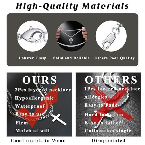 RANKEEF 2Pcs Layered Cross Necklace for Men Stainless Steel Cross Necklace Christian Cross Pendant Hypoallergenic Snake Rope Cuban Link Cross Chain For Men 18-24 Inches4