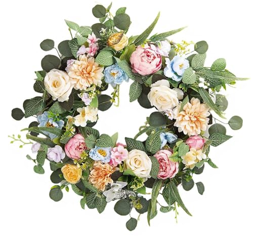 Honnesserry 24" Spring Summer Wreath for Front Door Decor with Artificial Peony Rose Dahlia Flowers for Porch Wall Farmhouse Home Indoor Outdoor Decor