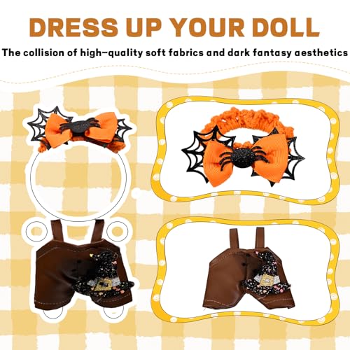 Halloween Pumpkin Doll Clothes Set Orange Spider Patchwork Leather Dress with Hat for 15-17cm 4 Inch Blind Box Dolls — view 4