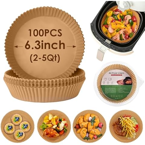 Air Fryer Disposable Paper Liner, 100Pcs Air Fryer Airfryer Parchment Paper Liners Round, Non-stick Grease Proof Bakery Baking Paper for Air Fryer Basket Roasting, Oil-proof, Food Grade (6.3 Inch) Cover