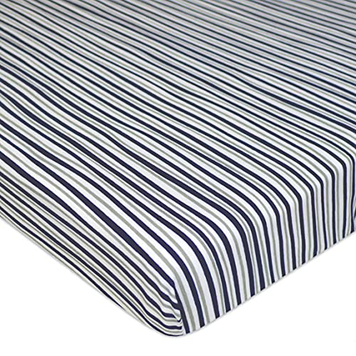 Image of TL Care 100% Natural Cotton Fitted Pack and Play Sheet 39 inch x 27 inch - Soft & Breathable Pack N Play Sheet for Playpen, Playard & Mini Crib Mattress, Navy /Grey Funny Stripe, for Boys & Girls