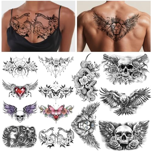 13 Sheet Large Chest Underboob Temporary Tattoos for Adult, 8PCS Sexy Abdomen Back Waist Flower...