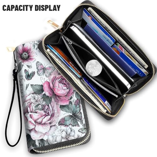 Wallet,Large Capacity RFID Blocking Leather Wallet, Durable Smooth Zipper Clutch,Unisex Travel Wallet for Cards,Cash,and Coins - Pink Rose Butterfly2