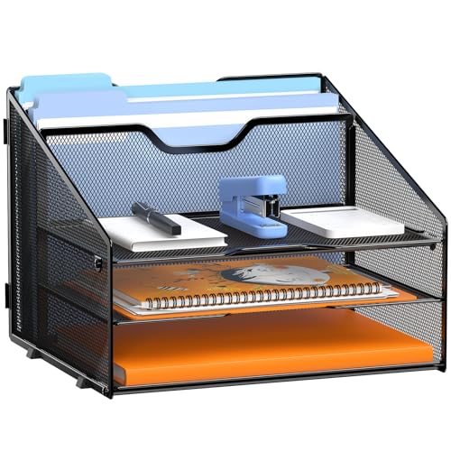 GAWERK Letter Tray Organizer, Mesh Desk File Organizer with 3 Paper Trays and 2 Vertical Upright...