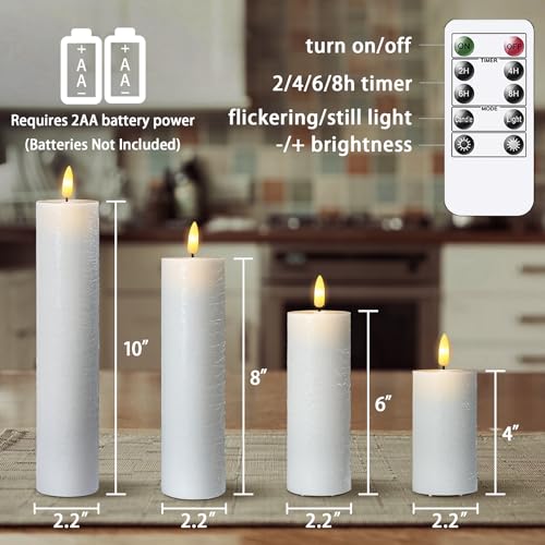 Image of LED 2.2 inch x4 inch 6 inch 8 inch 10 inch Battery Operated Remote Cycle Timer White Candles, Set of 4 Flameless Flickering Wax Pillar Dimmable Warm Light Fake Candles for Home Wedding Decor
