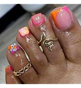 24Pcs Colorful French Tips Press on Toenails Square Short Fake Toenails Glitter Rhinestone Summer...