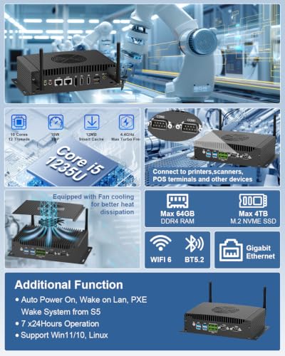 Image of WEIDIAN Mini Industrial PC Core i5 1235U 32GB RAM 512GB SSD, Win 11 Pro Mini Computer(Fan Cooling&Dustproof) Support Linux, 4K 2HD+DP, 2LAN, GPIO, 2COM RS232 /422 /485, 6USB WiFi6&BT5.2 Auto Power On