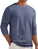JMIERR Men's Clothing Long Sleeve Casual Crewneck Ribbed Stripes Slim Fit Pullover T Shirts Undershirt with Pocket, S, Blue