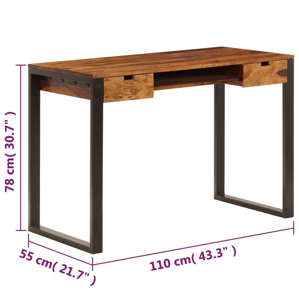 Escritorio 110 x 55 x 78 cm, madera maciza de acacia, patas de acero, con 2 cajones, bandeja para teclado, para oficina y hogar, pulido