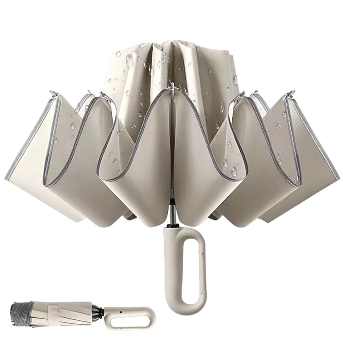 Lussenwert Inverted Umbrella with Carabiner Handle, Wind Proof Umbrellas For Rain and Sun, 46 Inch Portable Reverse Folding Compact Umbrella for Women Men, 10 Ribs(Beige, 1 Pack)