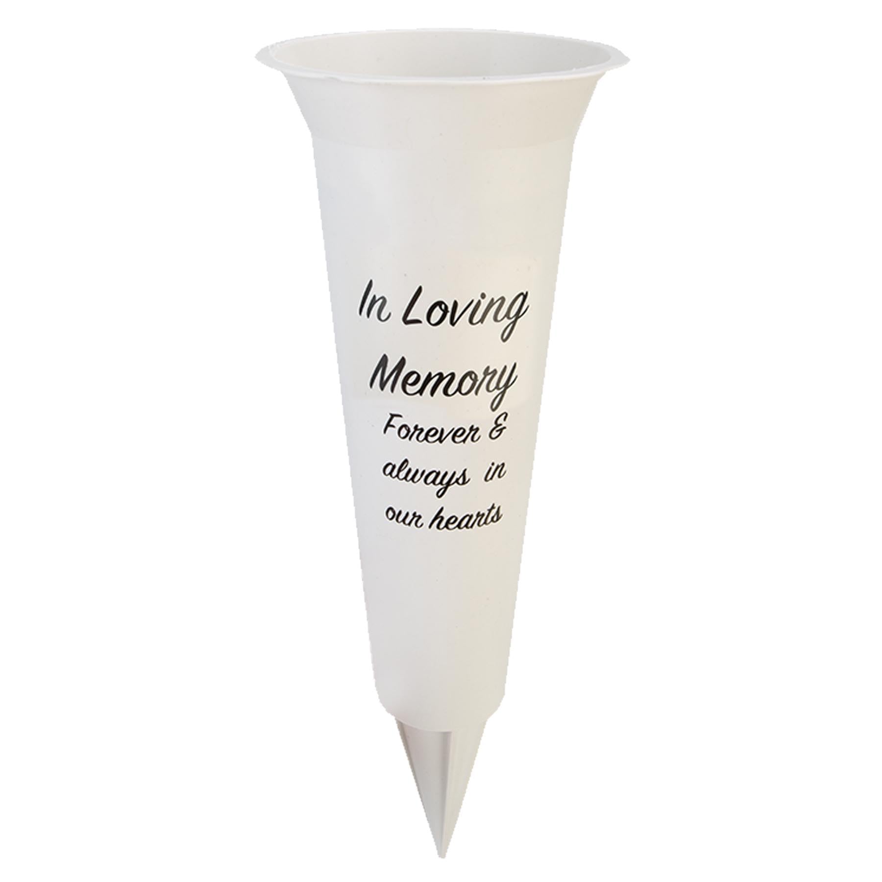 Memorial Grave Flower Pot - 33cm tall Sturdy White Memorial Graveside Flower Vase with Spike anf Flower Insert (In Loving Memory 0194)