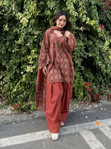 Image of ANNI Designer Farshi Salwar Suit for Women Cotton Printed | Kurta Dupatta Set for Woman | Straight Palazzo Outfit Round Neck V-Slit Long Sleeve Ethnic Dress Stylish Womens Clothing