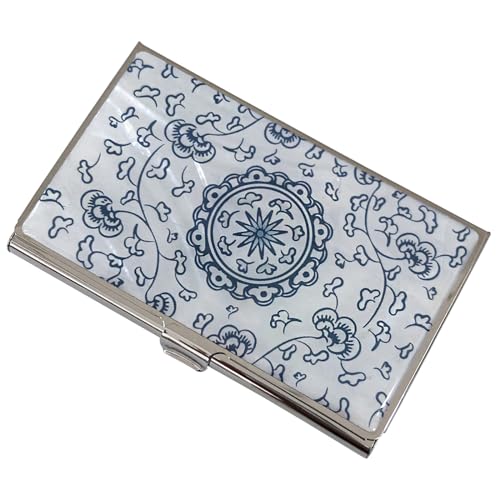 Image of Mother of Pearl Business Card Case Credit Id Name Holder Travel Wallet Art Painting Design Metal Stainless Steel Engraved Slim Purse Pocket Cash Money Wallet (Blue Arabesque)