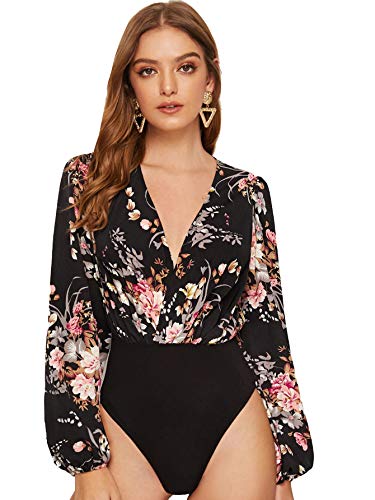 Verdusa Women's Long Sleeve Wrap V-Neck Leotard Blouse Bodysuit Black XS