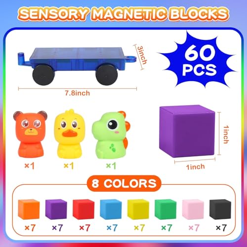 LONEEDY 60-Pack Magnetic Building Block Set with Animal Figures & Magnetic Cart - Magnet Constructions Cubes Educational STEM Toy for Kids 3-8 Years (Color Mixing-60PCS) - image 3