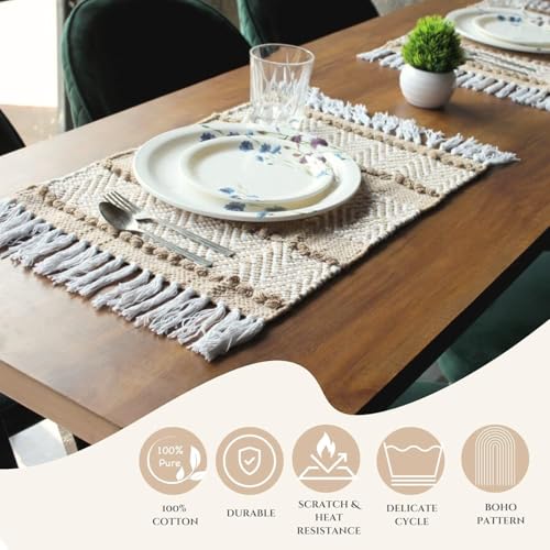 Image of Luxe Home Cotton Table Placemats with Runner Set for Dining Table 4 Seater Rectangular Woven Mats with Tassels (Placemats 66x33 cm + Runner 180x33 cm) - Beige