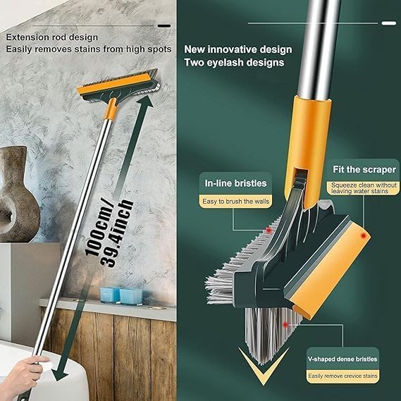 JAY EMPIRE 3 in 1 Bathroom Cleaning Brush with Wiper Tiles Cleaner with Long Handle 180° Rotate Bathroom Floor Scrub (3 in 1 Brush) 2