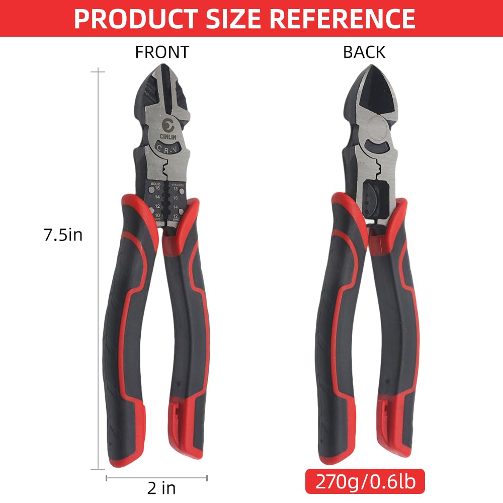 Alicates de corte diagonal 3 en 1, multifunción de 7.5 pulgadas, función de corte lateral/pelado/crimpado, cortadores de alambre con mango ergonómico para electricistas y hogares. Alicates