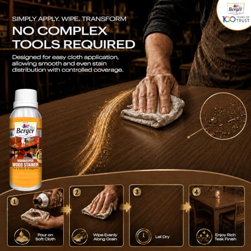 Image of Berger Wood Keeper Walnut Wood Stain with Leakproof Bottle & Easy Cloth Application Transparent Solvent-Based Stainer for Home Office Furniture Surfaces Shine and Finish (Pack of 1, 1L)
