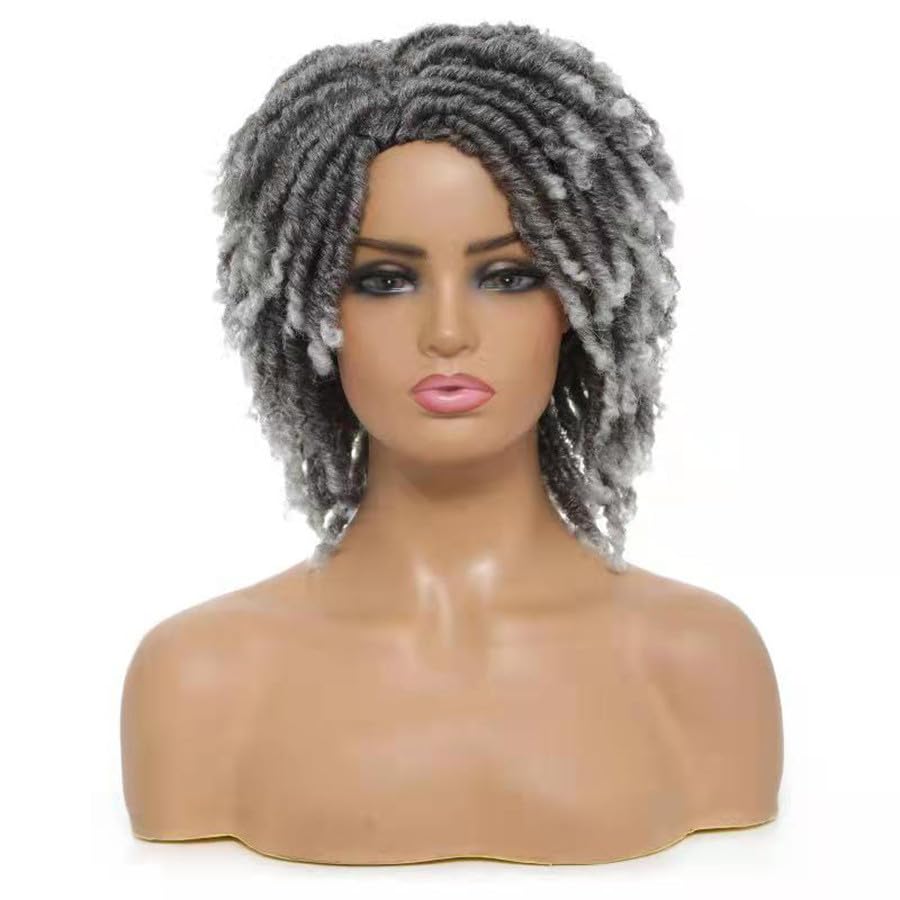 YOVECATHOU Black Women Men Short Dreadlock Wig Synthetic Wigs Afro Curly Wig For Party Daily Replacement Wig (Grey)