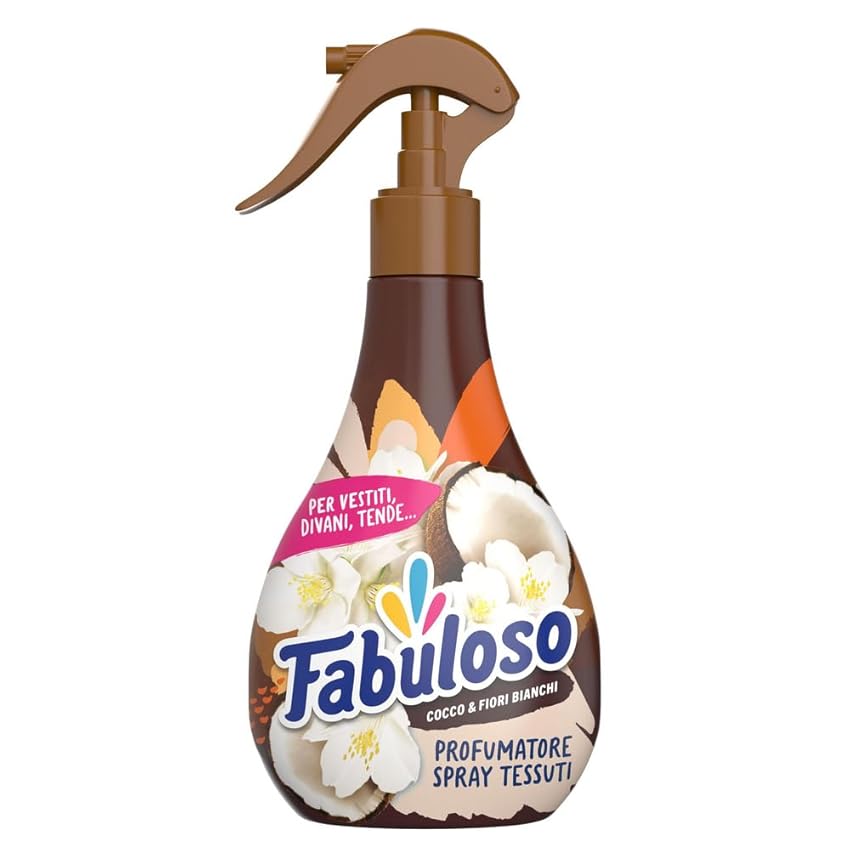 Fabuloso Spray Profumatore per Tessuti Cocco e Fiori Bianchi 250 ml, Profumatore per Tessuti, Rinfresca i Capi, Spruzzo Sottile e Uniforme, Utilizzabile su Capi e Tessuti Bagnati