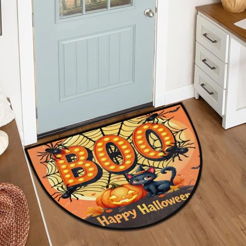 Image of cfpolar Half Round Door Mat Halloween Cat Spider Pumpkin Non-Slip Semi Circle Area Rug Washable Half Moon Hearth Rugs for Indoor Outdoor Bathroom Kitchen Patio Runner Mat Laundry Room Home Decoration