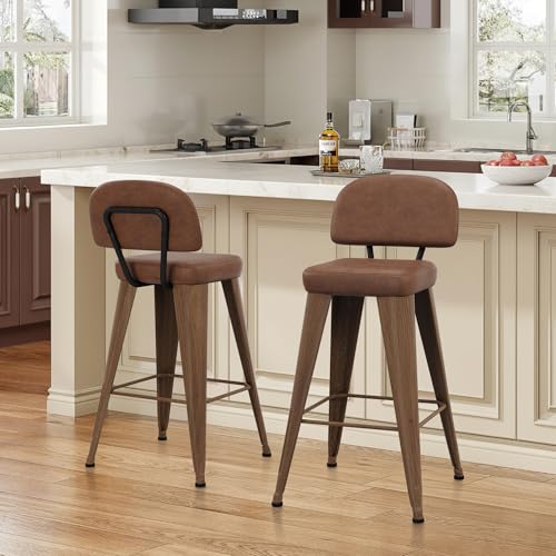 Image of Yongchuang 24 inch Bar Stools with Backs Set of 2 Modern PU Leather Counter Height Stools Upholstered Metal Kitchen Island Bar Chairs Walnut Brown