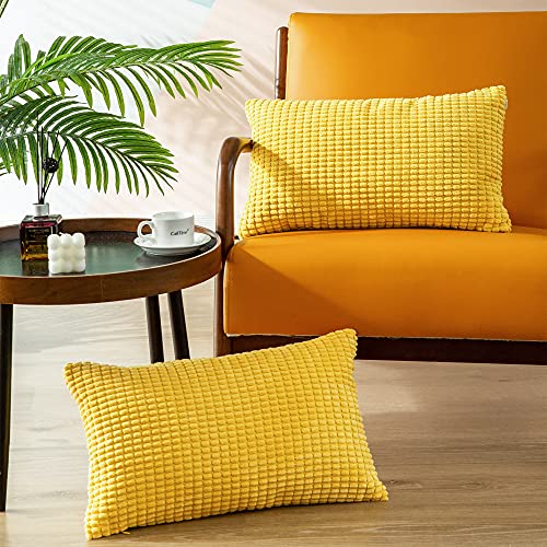 CaliTime Throw Pillow Covers Pack of 2 Comfy Corduroy Corn Striped Waffle Decorative Cushion Cases for Couch Sofa Bed Farmhouse 12 X 20 Inches Gold Yellow