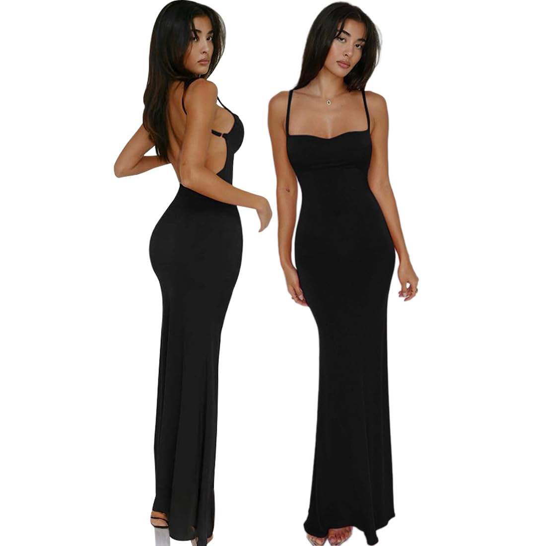 Robe Femme Sexy Robe Longue Moulante Dos Nu Bodycon Robe de Soirée Longue D'éte Maxi Robe sans Manches Elégant Skinny Slim Fit Robe de Cocktail Club Robe à Spaghetti Bretelle pour Party