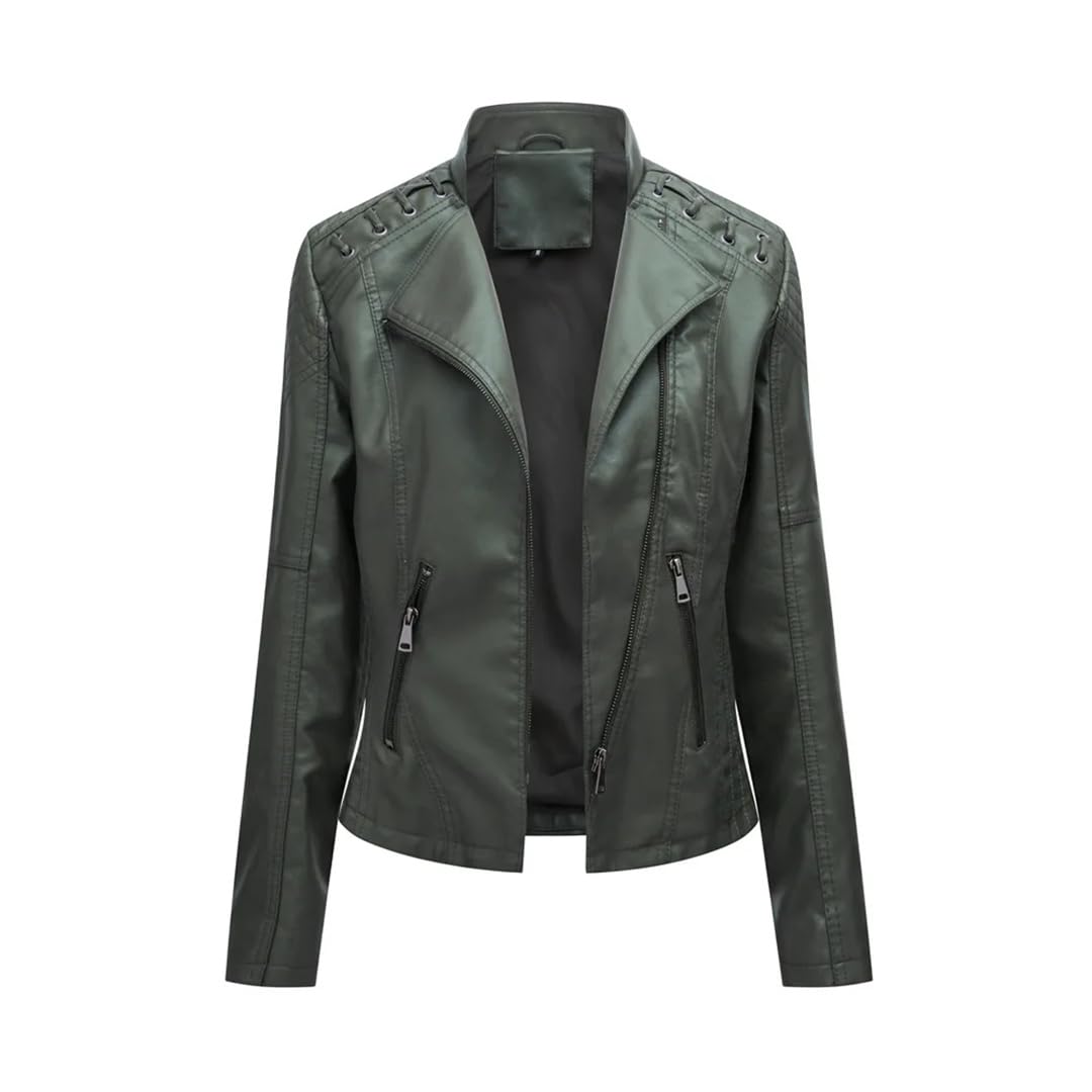Cappotto alla moda da donna in ecopelle con cerniera per motociclista autunnale