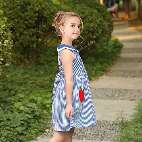 Girl Dress Sleeveless Blue Apple Embroidery Striped Sundress Size 9-10 #TOP3