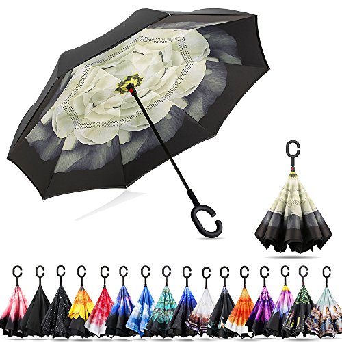Ylovetoys Double Layer Inverted Umbrella with C-Shaped Handle, Windproof Car Open Folding Reverse Umbrella UV Protection Large Upside Down Straight Umbrella for Car Rain Outdoor (White Flower) Ylovetoys Double Layer Inverted Umbrella with C-Shaped Handle, Windproof Car Open Folding Reverse Umbrella UV Protection Large Upside Down Straight Umbrella for Car Rain Outdoor (White Flower)