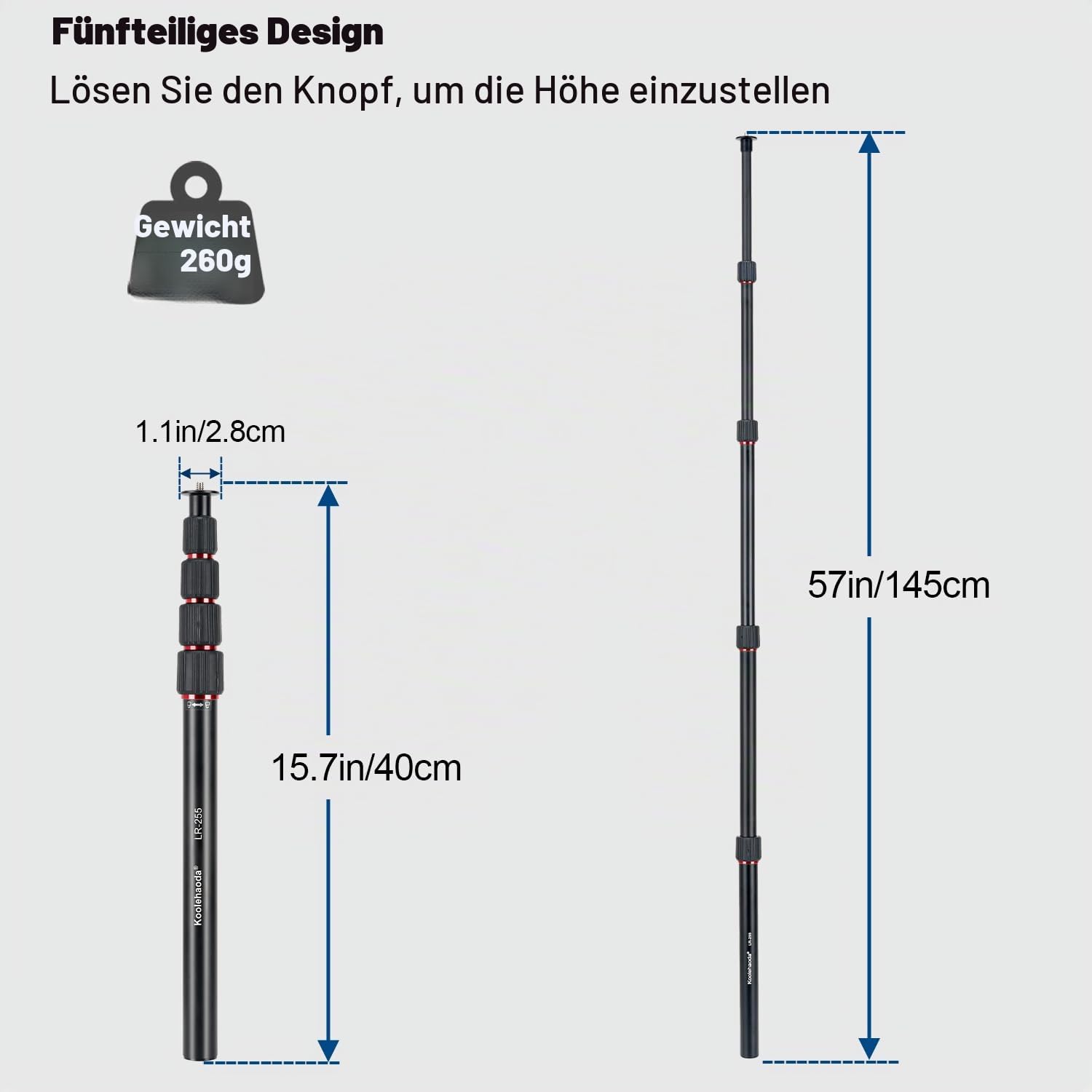 Koolehaoda Stativverlängerung, 145 cm Aluminium-Stativ, Mittelsäule, Verlängerung, Rohr, 5 Abschnitte, Einbeinstativ, Teleskopstange mit 6,3 mm - 3/8 Zoll Schraube, kompatibel mit Stativen/Gimbal