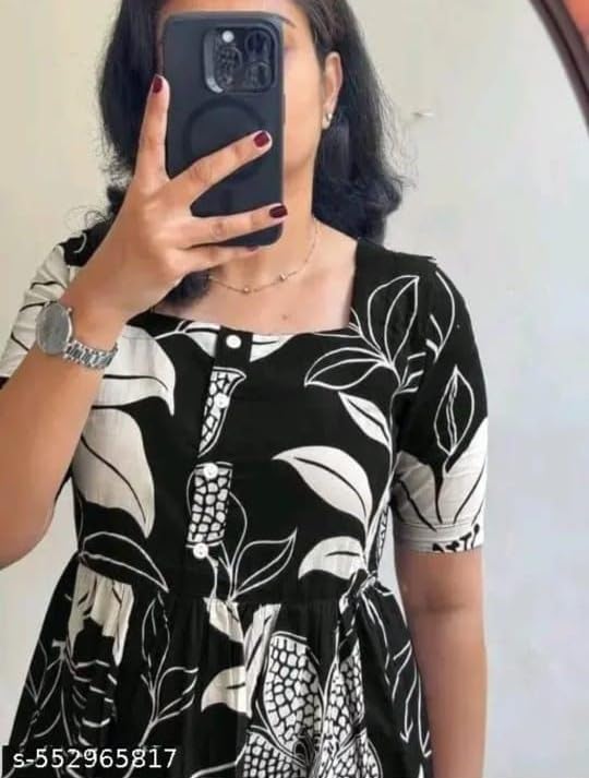 Image of Women's Rayon A-Line Midi Dress, Floral Print, Short Sleeves, Round Neck, Tiered Design
