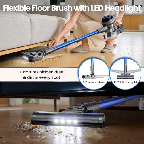 Image of Dzaki N1 Cordless Vacuum Cleaner, 400W 35KPa Cordless Vacuum Cleaner for Home, Cordless Stick Vacuum with LED Display, Anti-Tangle Self-Standing Rechargeable Stick Vacuum (Blue)