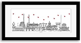 Dublin skyline art print, Mounted, Framed, hearts, 50 cm x 23 cm, Black, White, Red, Dublin print