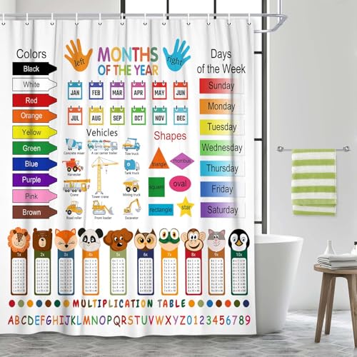 Image of Funny Kids Shower Curtain, ABC Educational Restroom Curtain with Vehicle Smathematical Knowledge for Boys Girls, Gute Pupil Students Learning Tools Cloth Fabric Bathroom Accessories Decor with Hooks