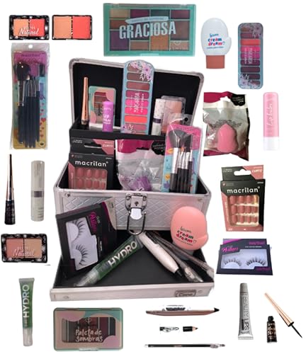 Maleta de Maquiagem Profissional Jasmyne Luisance Macrilan Rubys 129 Sombra Base Pincel Iluminador Lápis Pó Blush Primer Máscara Cílios Batom Lip Balm Demaquilante Delineador Esfumar Kabuki Completa (cinza pele morena)
