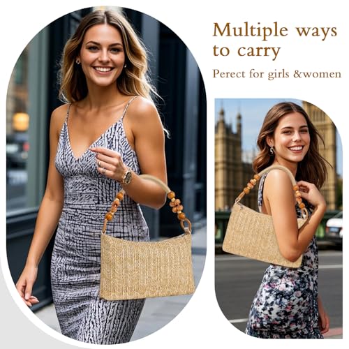 Bolso pequeño de paja con asa de madera para mujer miniatura 6