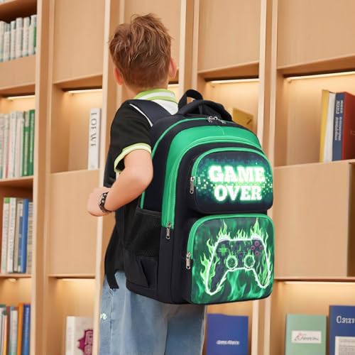 Octsky School Backpack for Boys, Kids Bookbag with Lunch Box, Flame Game Green2