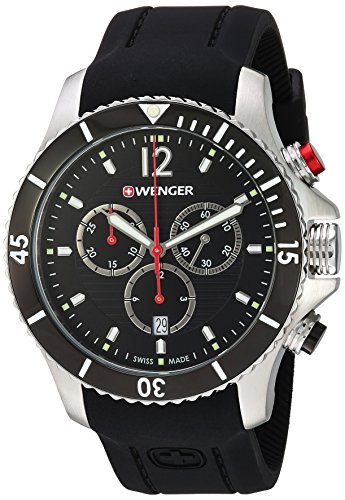 WengerY0641.102 Sea Force 3h Analog Display Swiss Quartz Black Watch Chrono, Black Dial, Black Silicone Strap