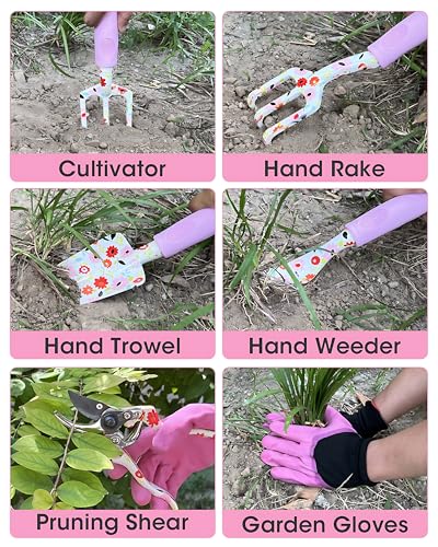 7 Piece Garden Tool Set, Heavy Duty Aluminum Alloy Garden Tools, Non-Slip Ergonomic Handle Gardening Tools, Gardening Hand Tools with Gloves, Tote Bag, Floral Print, Gardening Set for Women