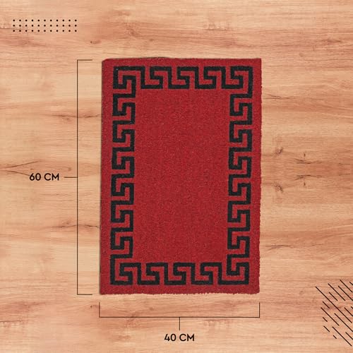 Image of Encasa XO Coir Door Mat for Home Entrance, Anti Slip PVC Back Greek Key Red