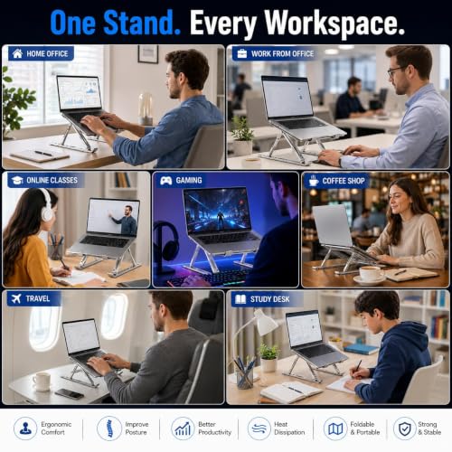 Image of Laptop Stand for Desk, Adjustable Aluminum Laptop Riser, Foldable Ergonomic Notebook Holder with Cooling Design for MacBook, HP, Dell, Lenovo & ASUS (10-17.3 Inch)