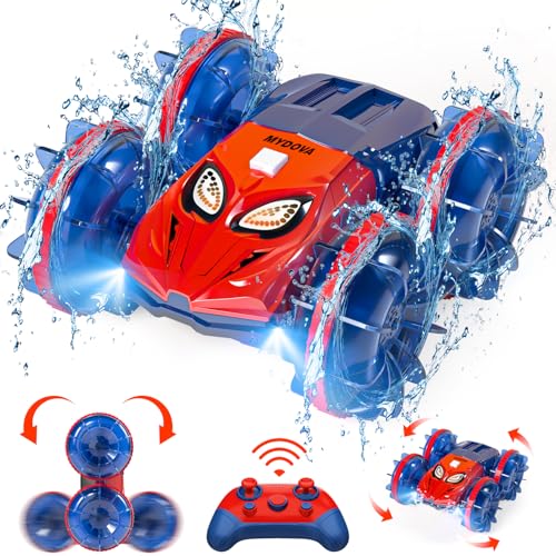 4WD Waterproof RC Car, 2.4 GHz Amphibious Remote Control Monster Truck Remote Control Boat for Kids, 360°Rotation Stunt Cars with LED Lights, All Terrain Water Beach Pool Toy for Boys Girls Gifts