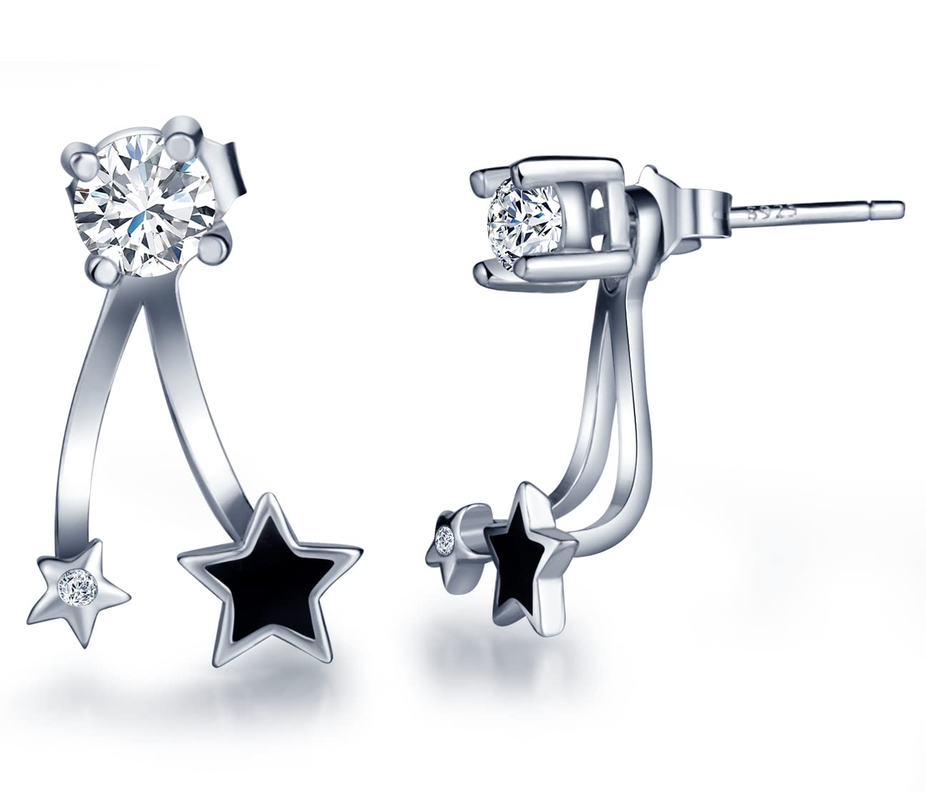Unendlich UInfinite Black Star Studs 925 Sterling Silver Cubic Zirconia Earrings for Women, Earring Jackets (Multiple Wearing Styles)