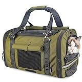 CATZIA Soft Sided Cat Carrier for Anxious Cats with Privacy Flaps, Airline Approved & Car Seat Safe Pet Carrier for Small Dogs & Cats Up to 12 Lbs, Soft Reinforced Resin Mesh, Metal Buckles (Green)
