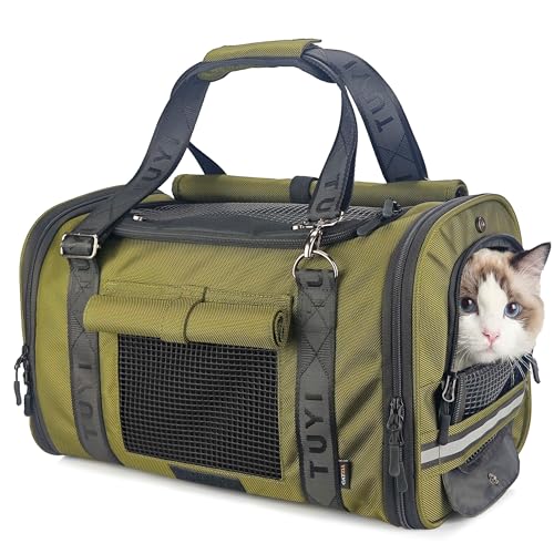 CATZIA Cat Carrier for Shy and Anxious Cats - Privacy Flaps, Airline Approved and Car Seat Safe Pet Carrier, Metal Buckles and Reinforced Resin Mesh - Designed by TUYI, Up to 12 lbs (Green)