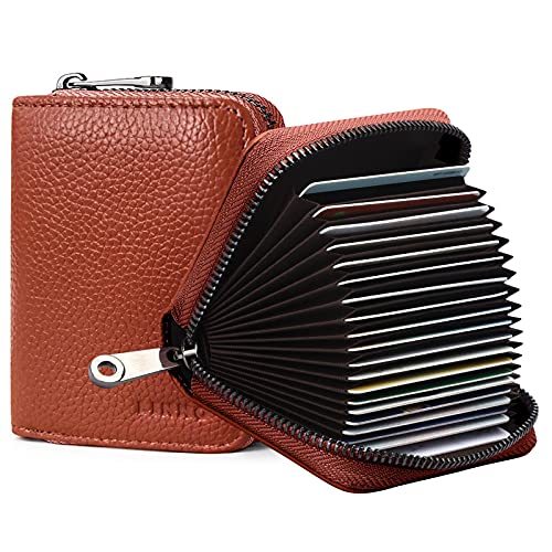 Image of LINNO RFID 20 Card Slots Credit Card Holder Genuine Leather Small Card Case for Women or Men Accordion Wallet with Zipper